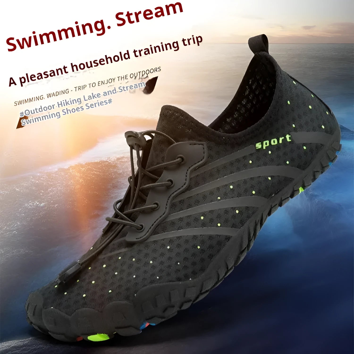 Low-top fast drainage beach shoes in army green with mesh upper and rubber sole for swimming and hiking.