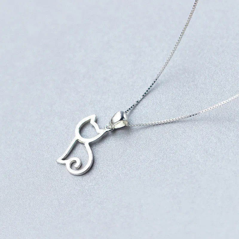 Korean sweet cat necklace simple pendant in sterling silver on model