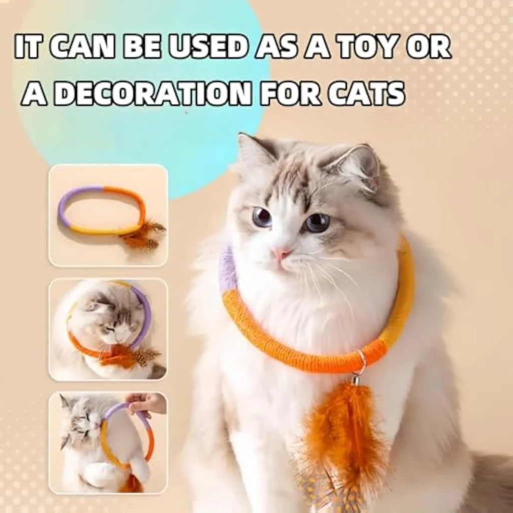 Green circular cotton rope cat toy with feathers and catnip for interactive play and dental cleaning