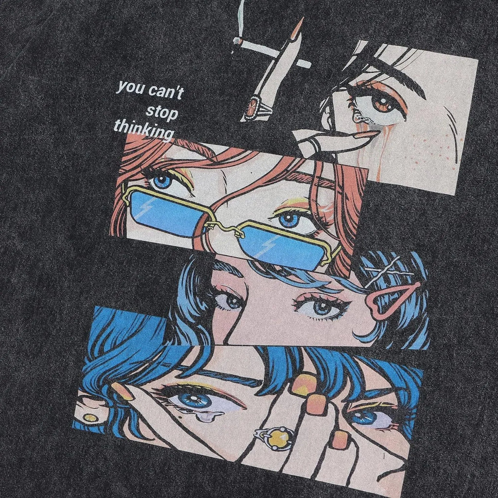 Men's loose black cotton t-shirt with cartoon print design in retro streetwear style