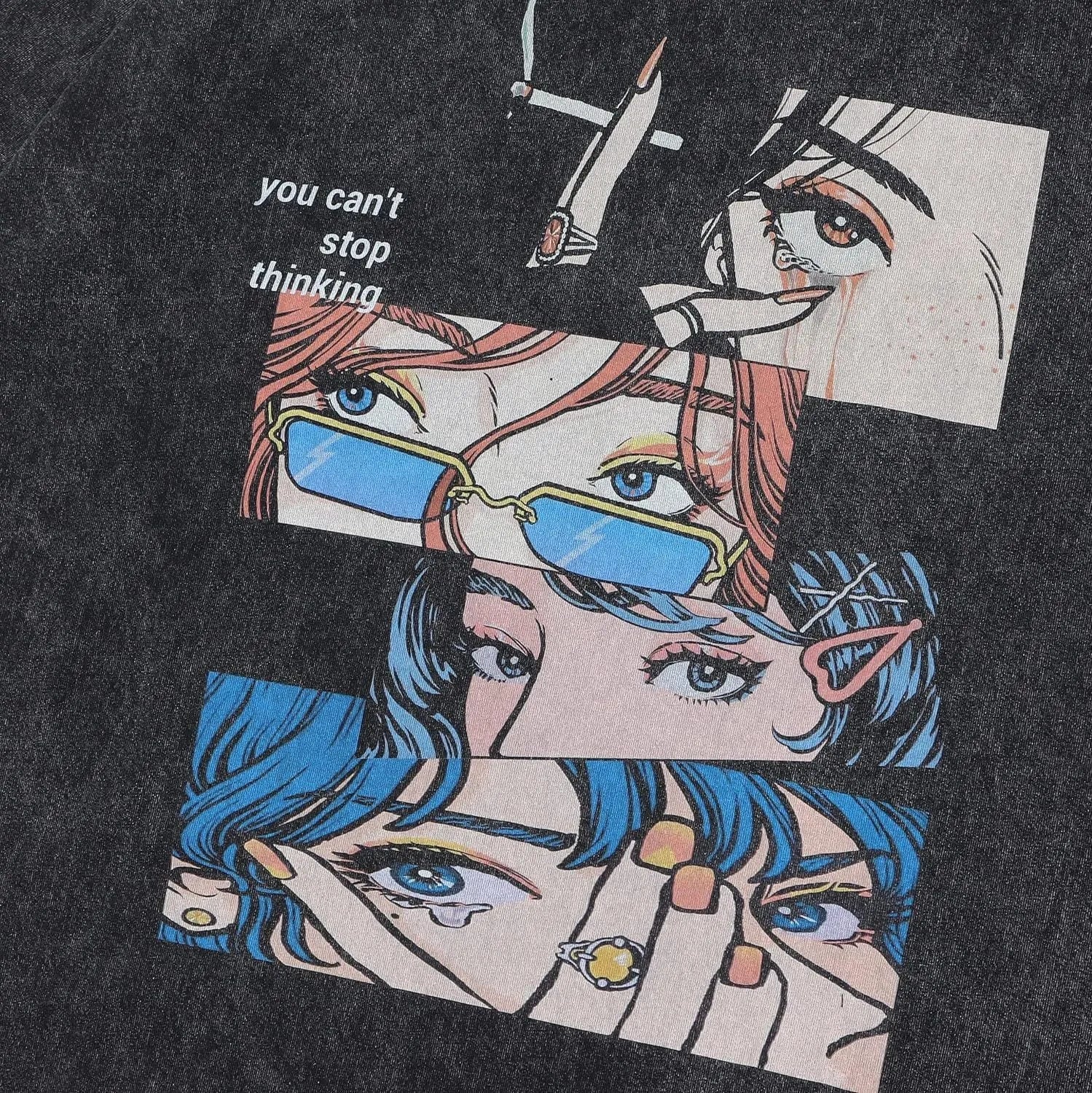 Men's loose black cotton t-shirt with cartoon print design in retro streetwear style