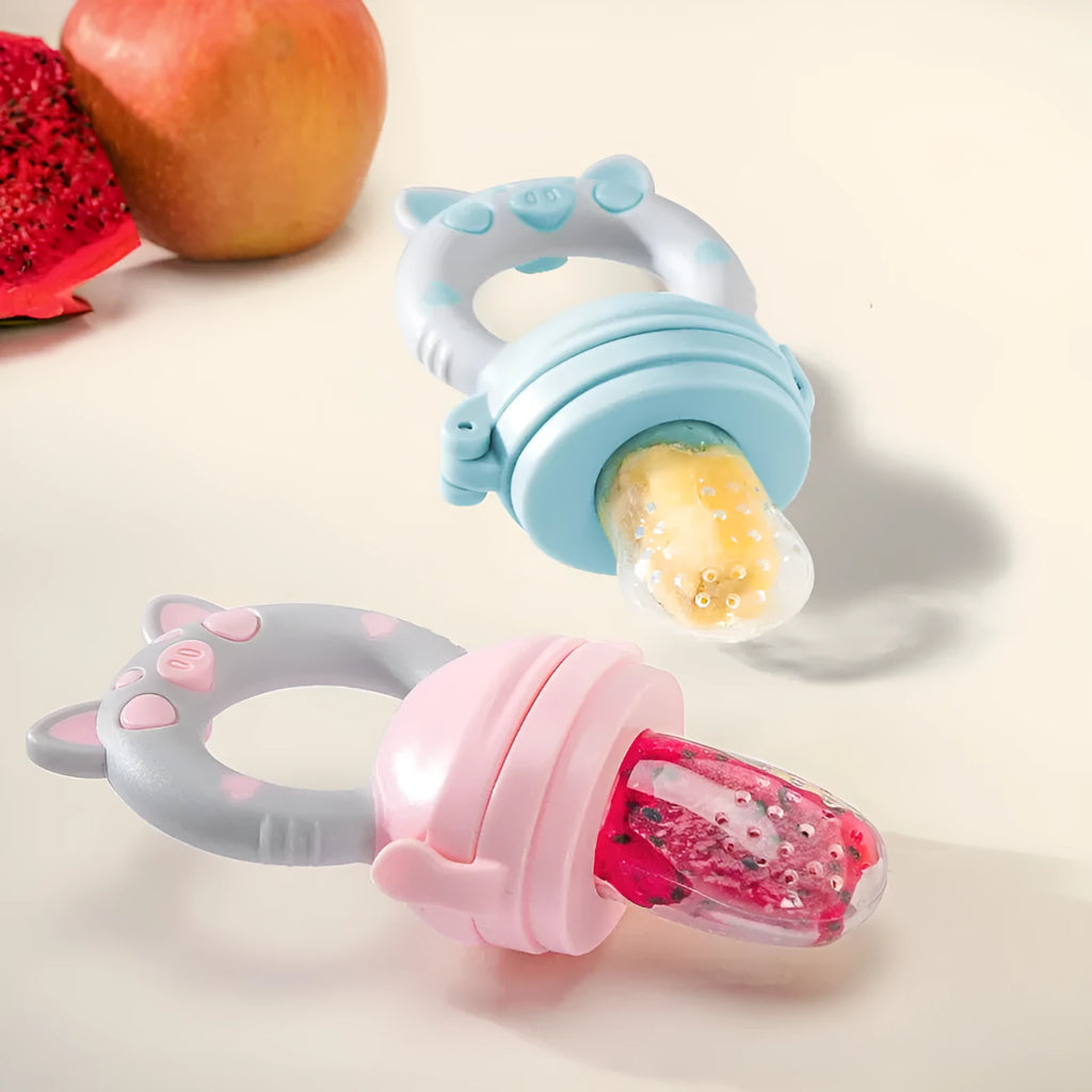 A blue silicone baby teether with a textured mouthpiece for chewing.