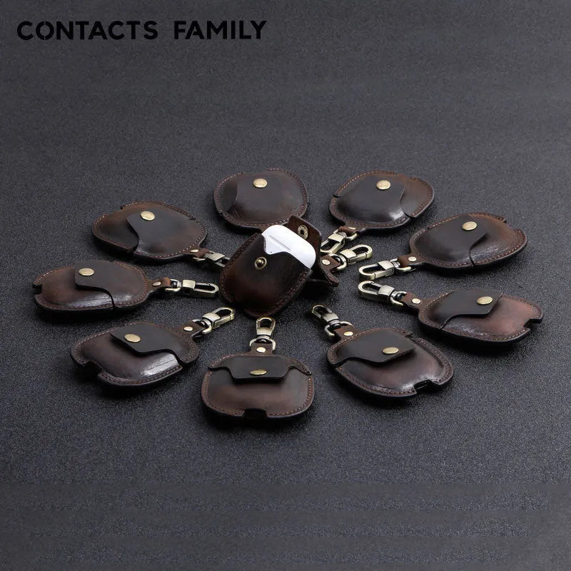 Protective leather earphone cover with buckle in dark brown for AirPods