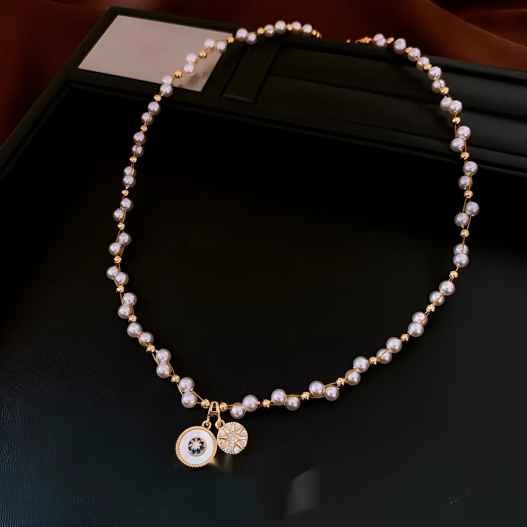Gold plated zircon pearl round pendant necklace on clavicle chain with adjustable 41-50cm length