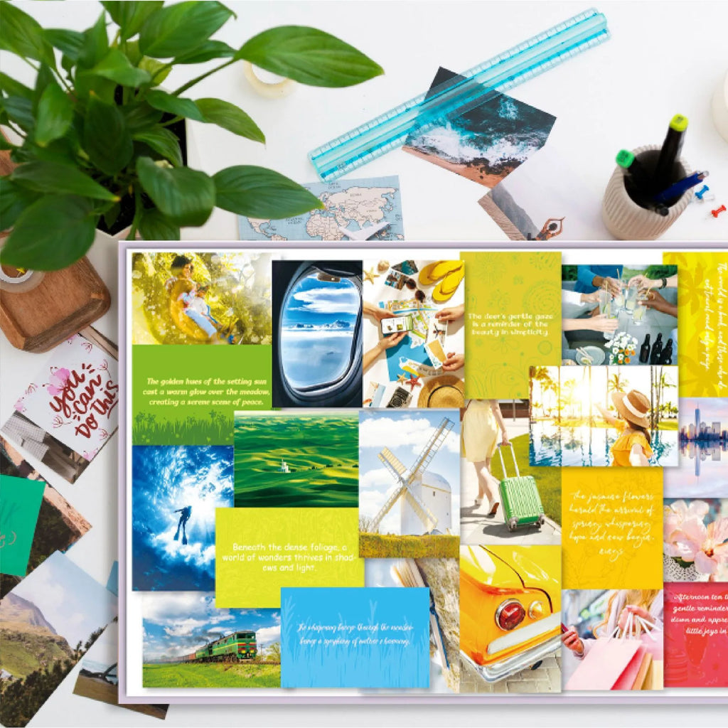 Paper vision board set with dream cut letter stickers in purple, pink, light green, blue, and light yellow options