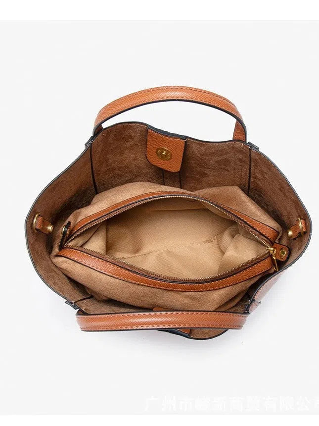 Bucket-textured PU vegetable basket tote bag for women with stitched seams, brown colour, single shoulder strap
