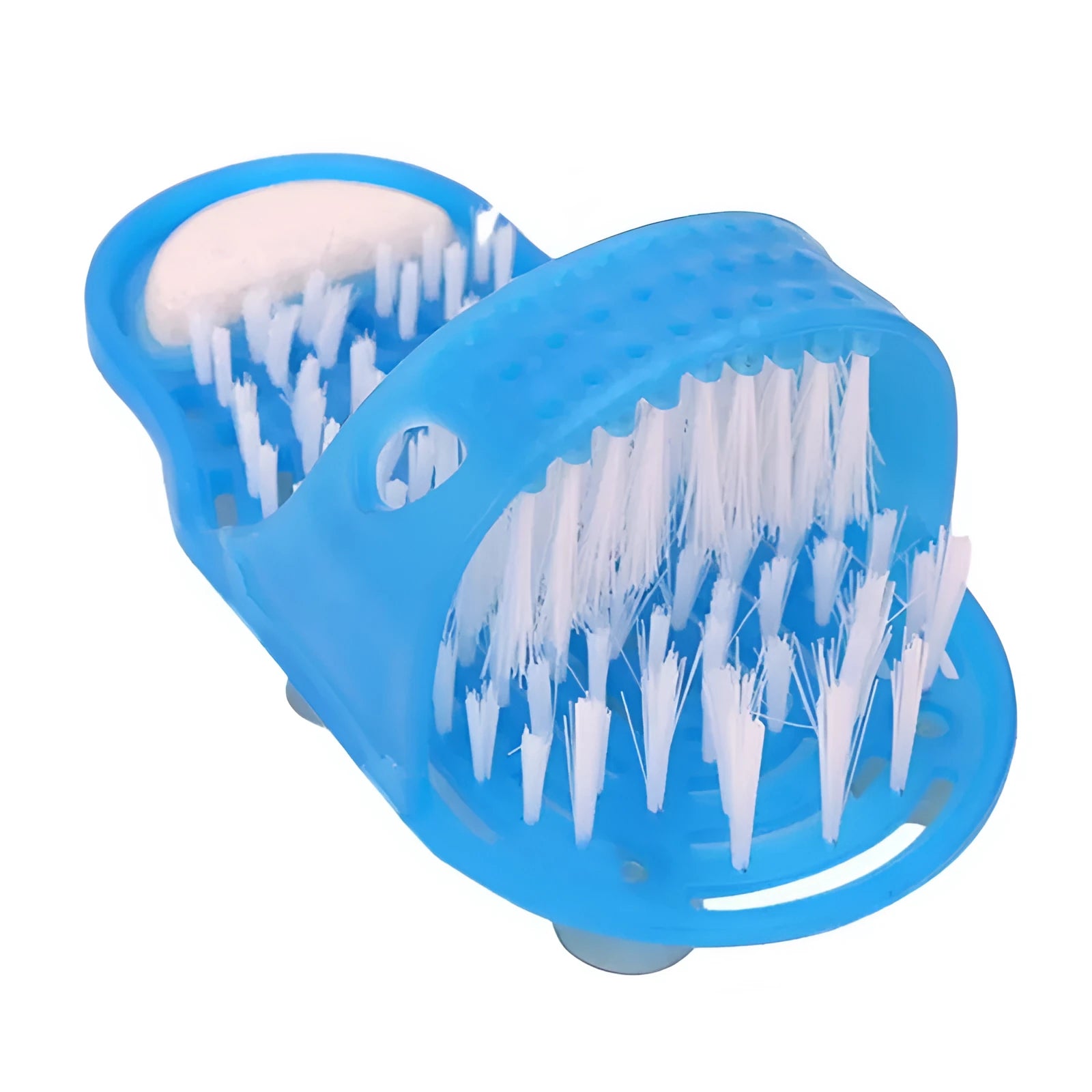Blue shower feet slipper with suction cups and built-in pumice stone on a wet shower floor
