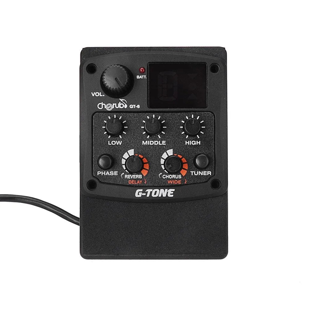 Cherub GT-6 black acoustic guitar preamp with EQ and effects knobs mounted in a guitar soundhole.