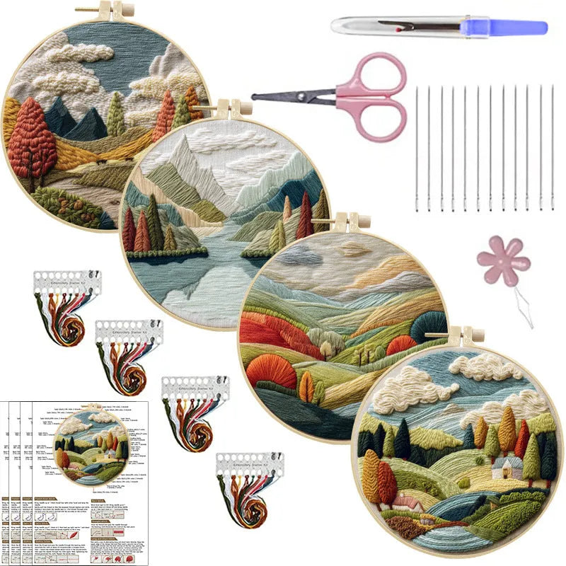 Landscape embroidery DIY kit with cotton fabric, threads, needles and bamboo frame