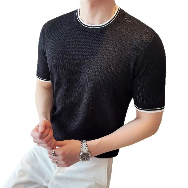 Men's round neck contrast colour stretch knitted short sleeve t-shirt in black, brown, and white