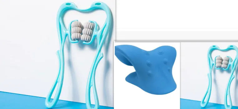 6-roller cervical neck massager in blue, ergonomic swan design, with 360° rotating massage balls and jade scraping board