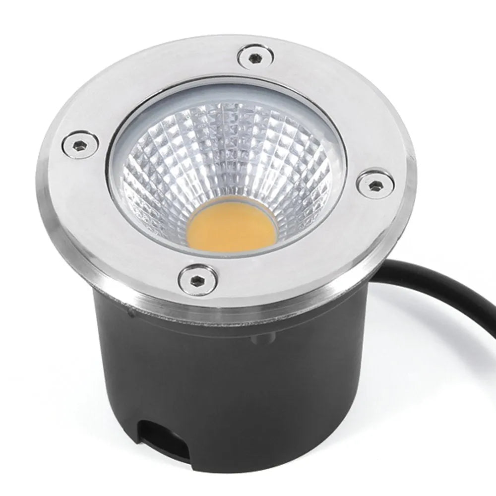 Black LED COB underground light fixture with stainless steel cover and tempered glass lens for outdoor installation