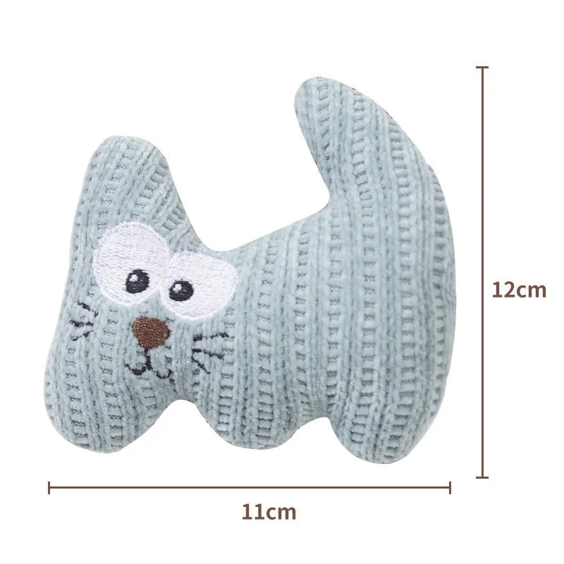 Cyan plush catnip toy with rope elements and a bell for cats on a white background