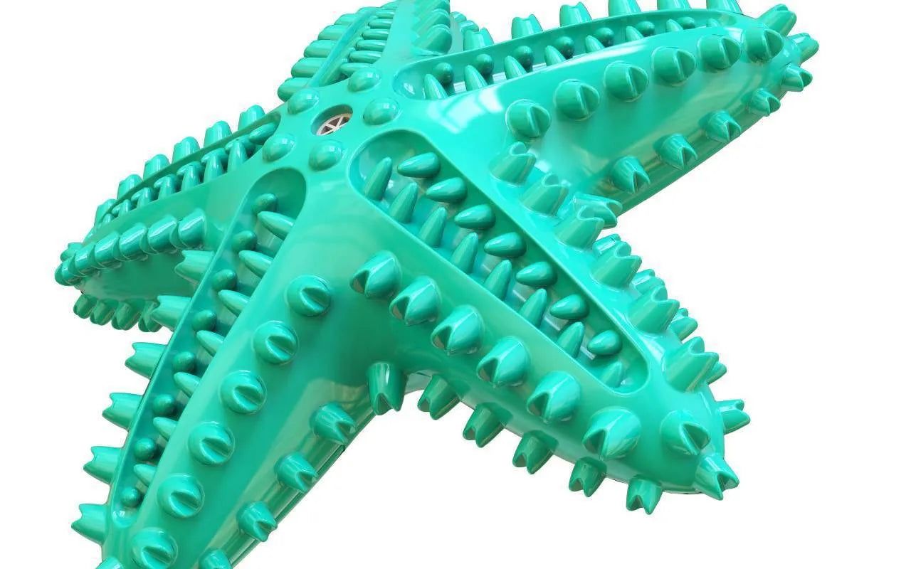 Starfish-shaped TPR dog toy in lake blue for dental cleaning and snack stuffing