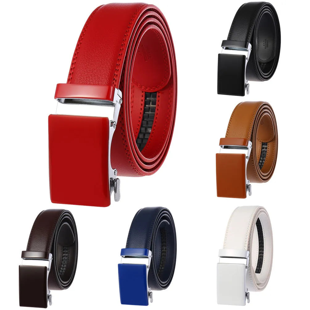 Men's automatic buckle belt in cowhide leather with lightweight body, available in black, blue, brown, khaki, red, white, 110-130cm lengths