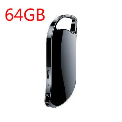 Keychain digital voice recorder in silver metal shell with keyring attachment