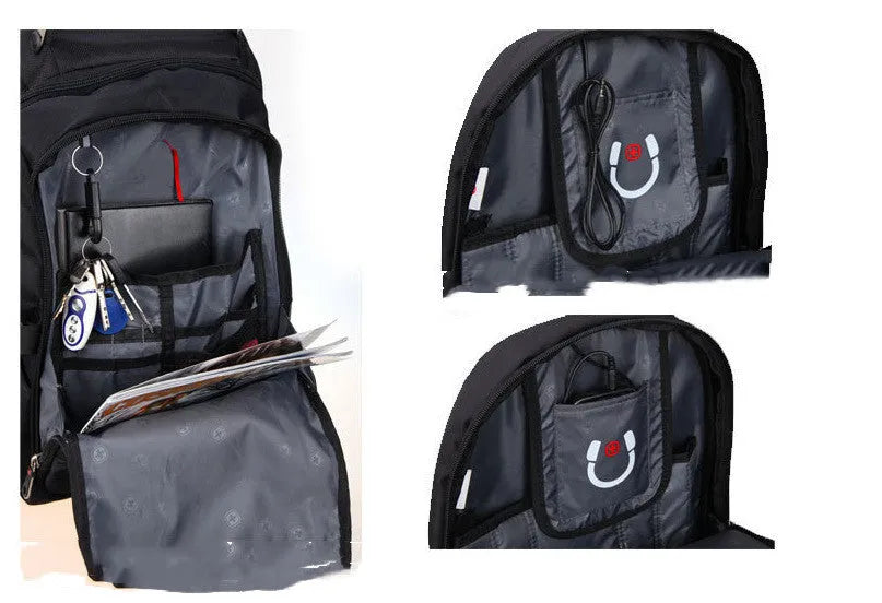 Black travel outdoor backpack with polyester waterproof finish, hard handle, metal details, and shoulder pad on a white background