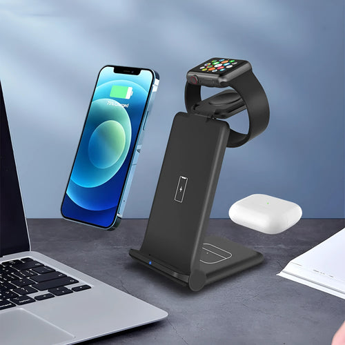 White 3-in-1 foldable wireless charging station for phone, Apple Watch, and AirPods on a desk.