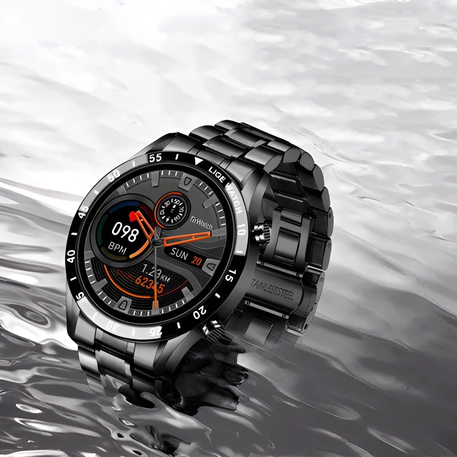 Smart watch with stainless steel wristband and 1.3-inch display showing step counter interface