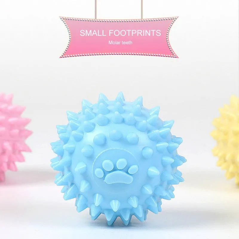 Blue TPR dog chew ball with footprint pattern and raised texture for dental cleaning