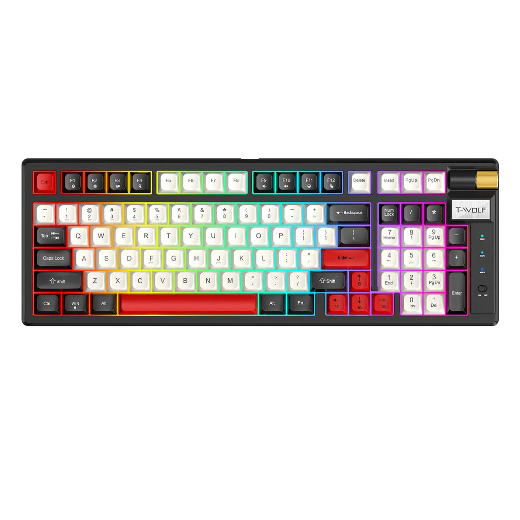 Wireless Bluetooth gaming mechanical keyboard with ABS ABS plastic keys, black and red colour, compact desk layout
