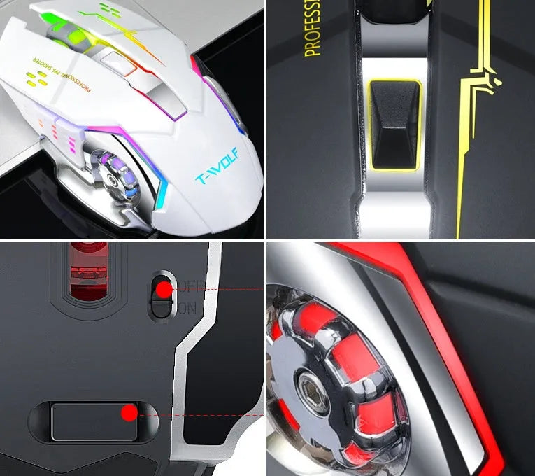 Wireless silent charging mouse in black and white colours showing standard size