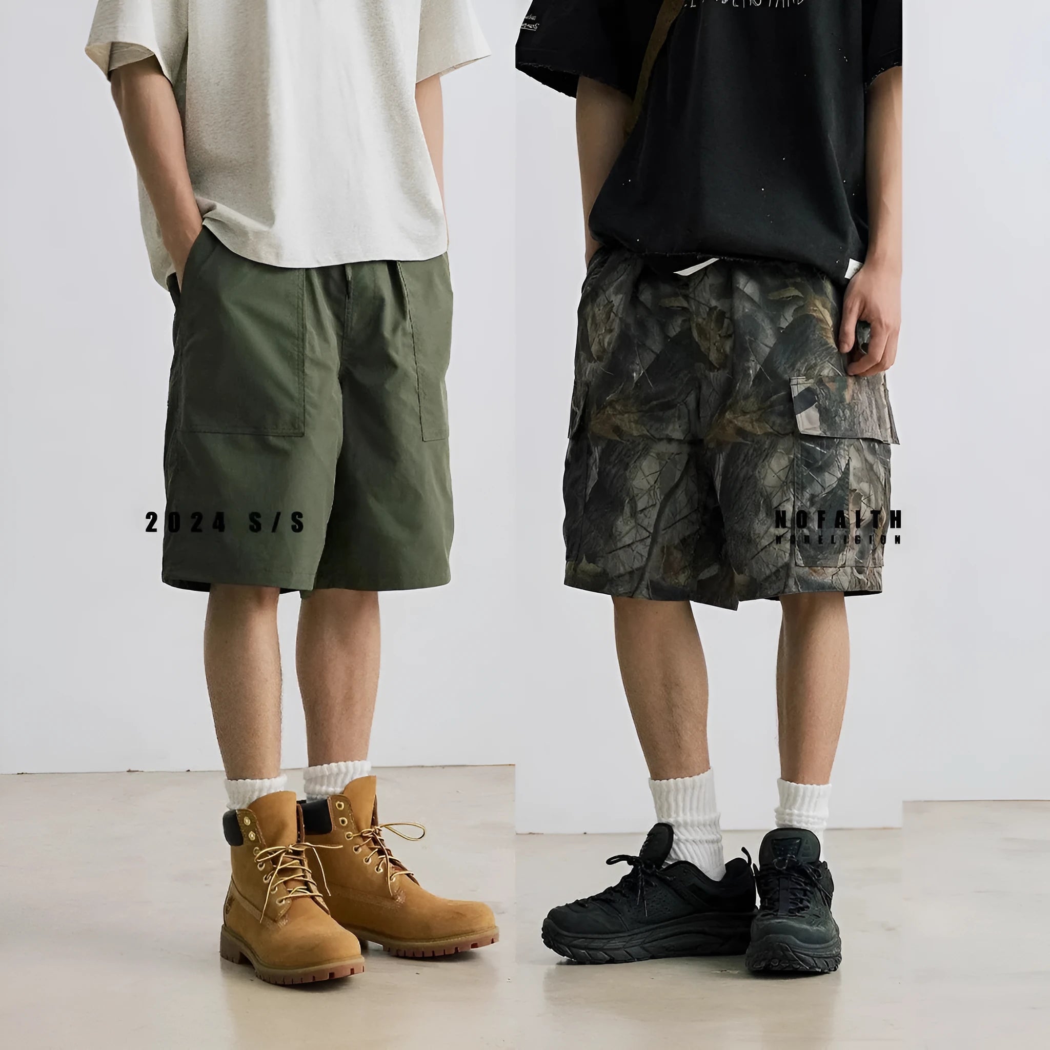 Loose straight-leg casual denim shorts in black or army green with a mid waist and zip fly.