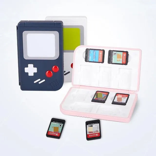 Compact blue Nintendo Switch game card storage box shown next to game cards.