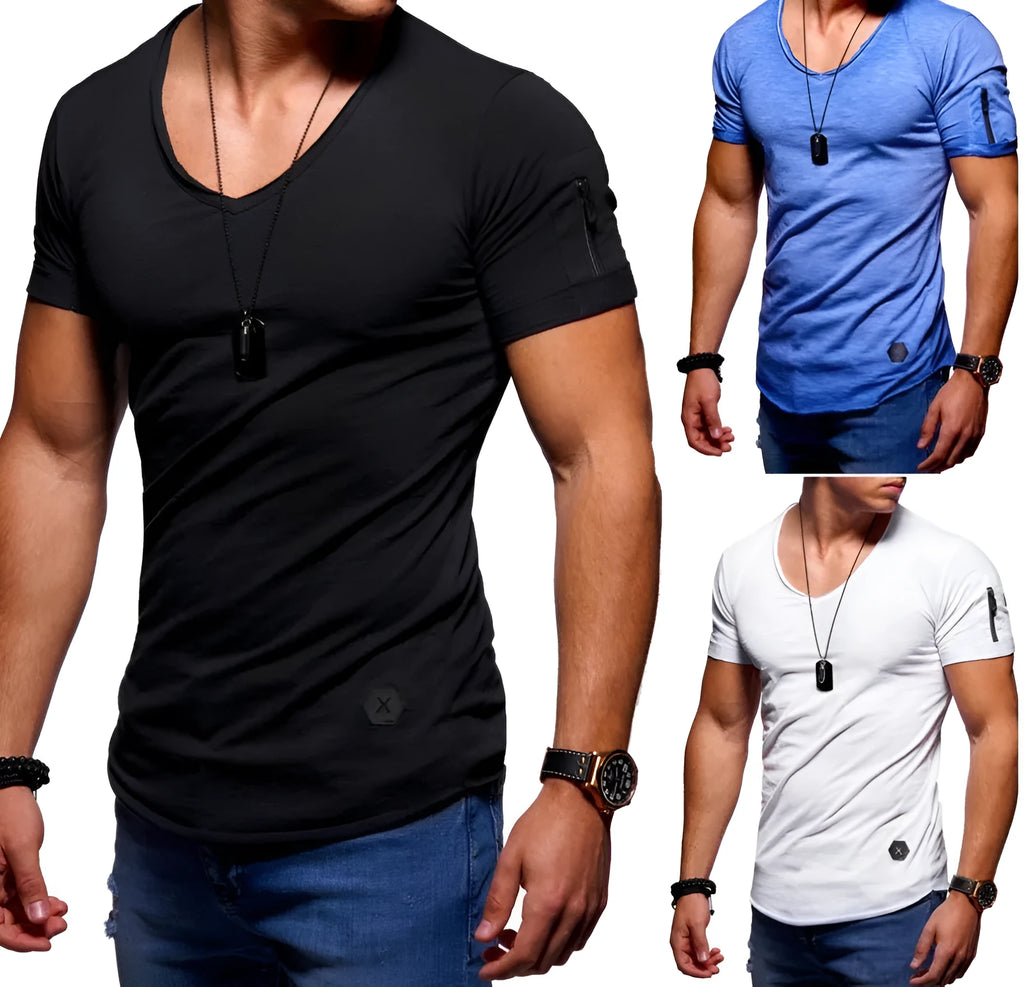 Men's V-neck short-sleeved cotton blend slim-fit youth shirt in military green colour with button front