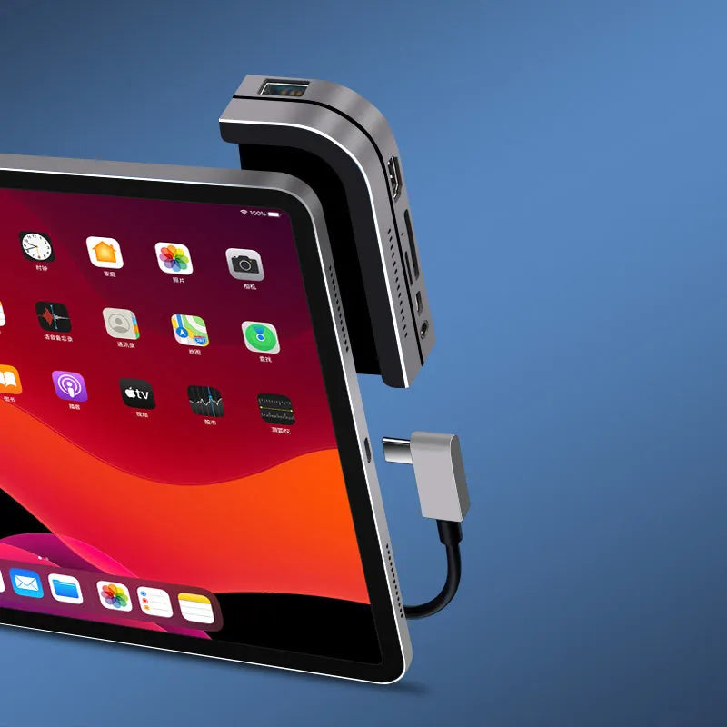 Silver aluminium grey USB-C docking station for iPad Pro with HDMI, USB, and SD card ports