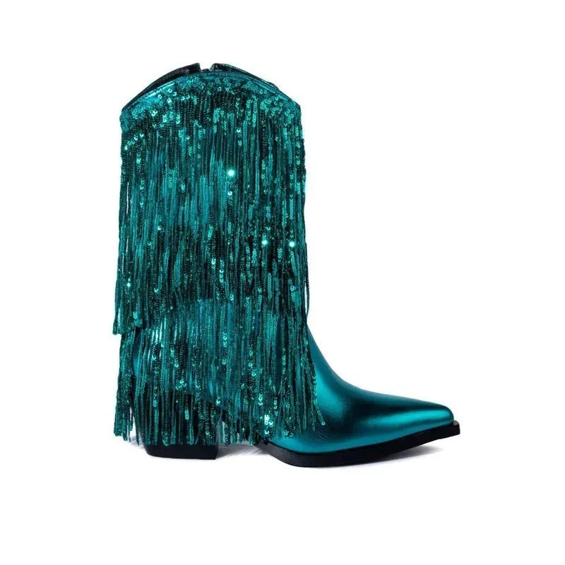 Women's black chunky heel ankle boots with tassel detail and a high stiletto heel on a white background.