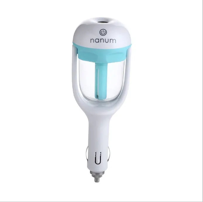 Portable car humidifier with rotating nozzle in blue, green, pink, or purple colours