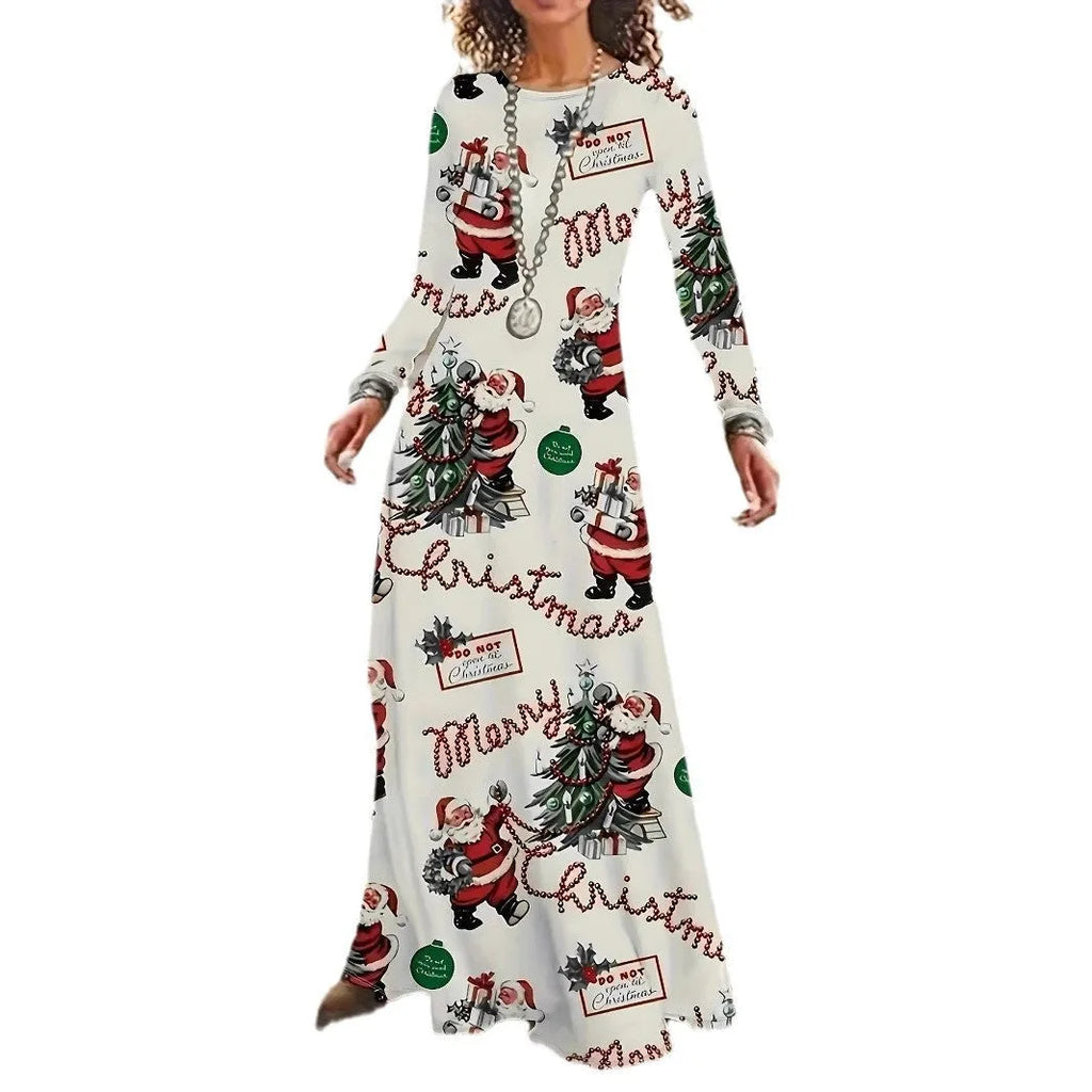 Santa Claus printed round neck long sleeve dress with leather stitching in polyester, available in beige, size M