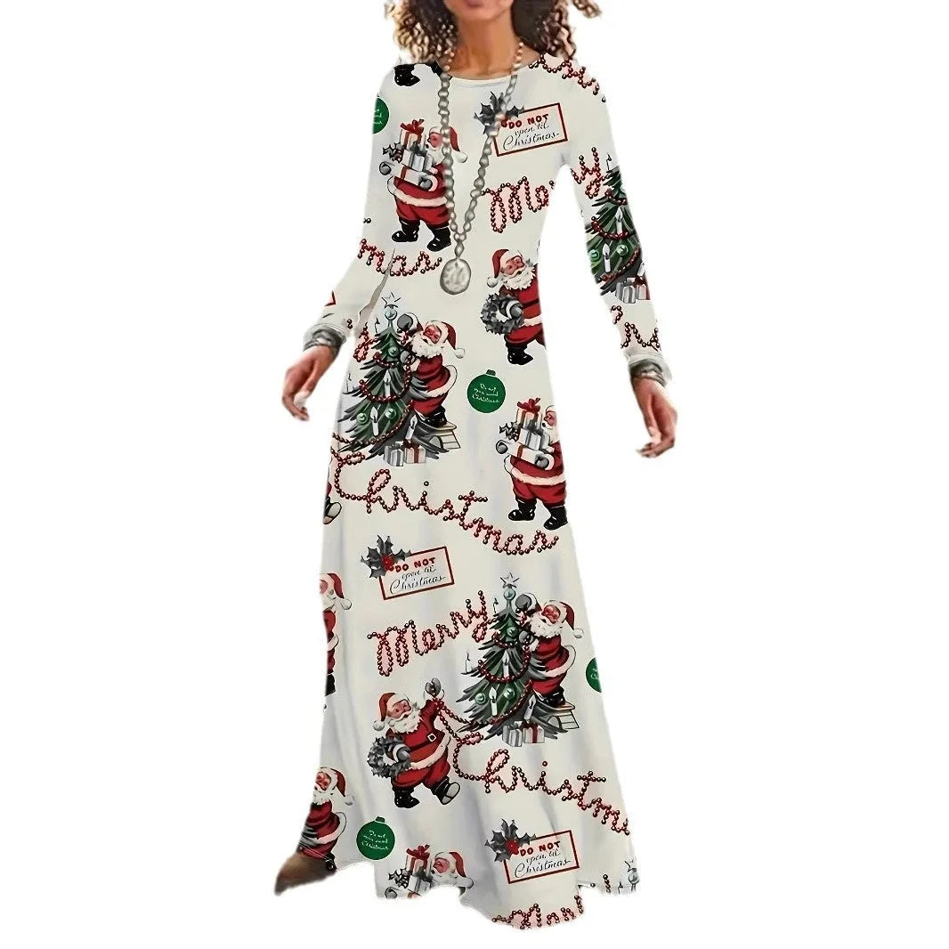 Santa Claus printed round neck long sleeve dress with leather stitching in polyester, available in beige, size M