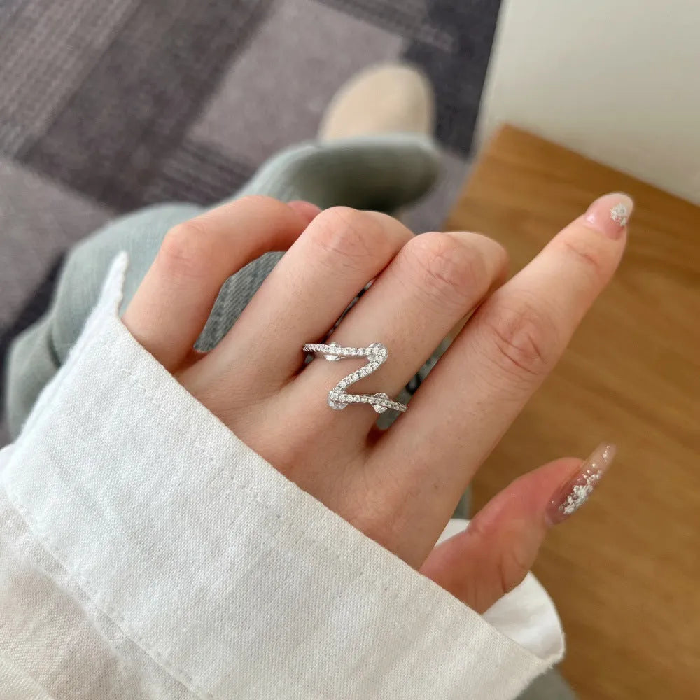 S925 sterling silver ring with refined zircon design, heart-shaped and geometric styles, electroplated platinum white diamond finish