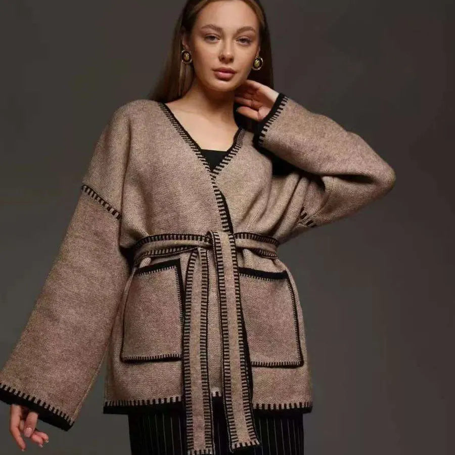 Loose mid-length knitted cardigan in imitation cashmere fabric with lace-up front