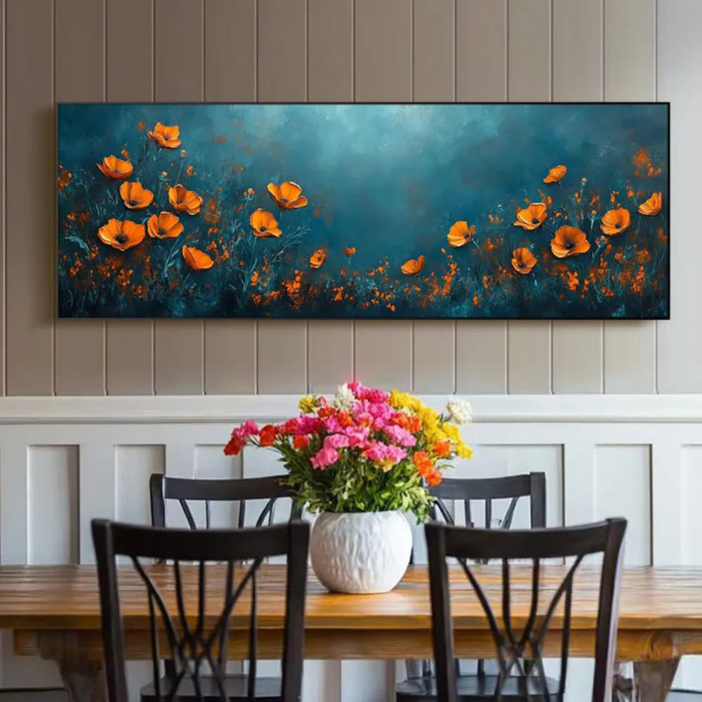 Abstract floral hand-painted oil painting on canvas, unstretched and frameless, shown in a horizontal orientation, suitable for home wall decor.