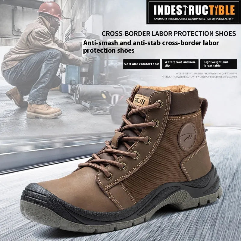 Lightweight orange labour protection shoes with leather upper and rubber sole for industrial safety