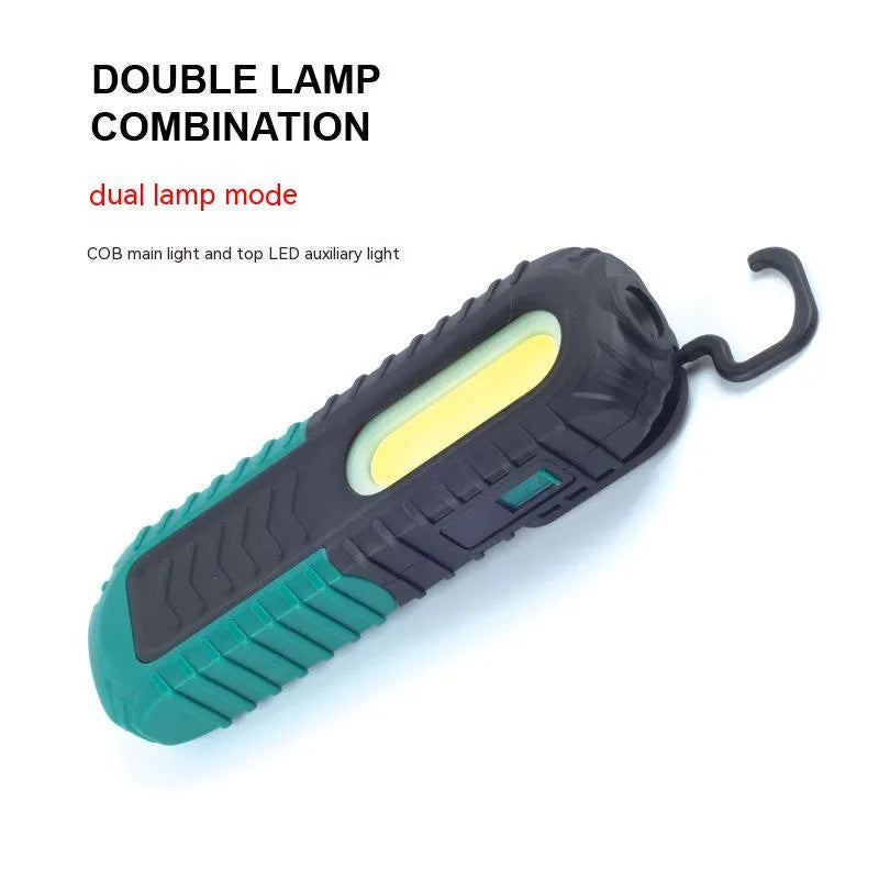Black and green USB rechargeable auto repair work light with drop-resistant ABS plastic construction