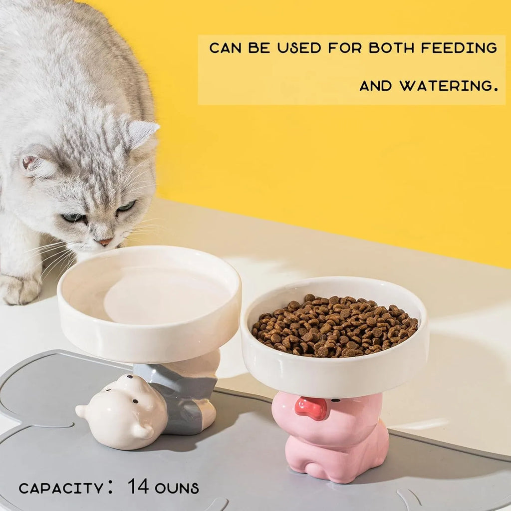 Ceramic raised pet bowl with animal design for cats and small dogs