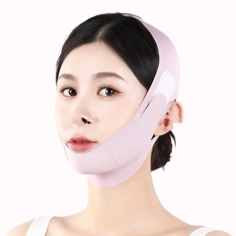 Small V face shaping mask in purple and green colours with breathable fabric construction