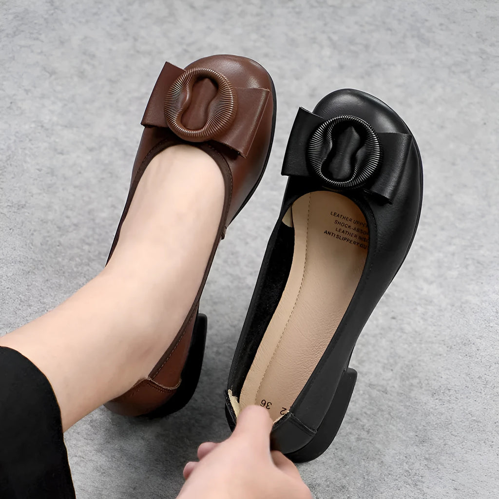 Low-cut genuine cowhide leather women's mid heel slip-on round head pumps in black wedge heel style