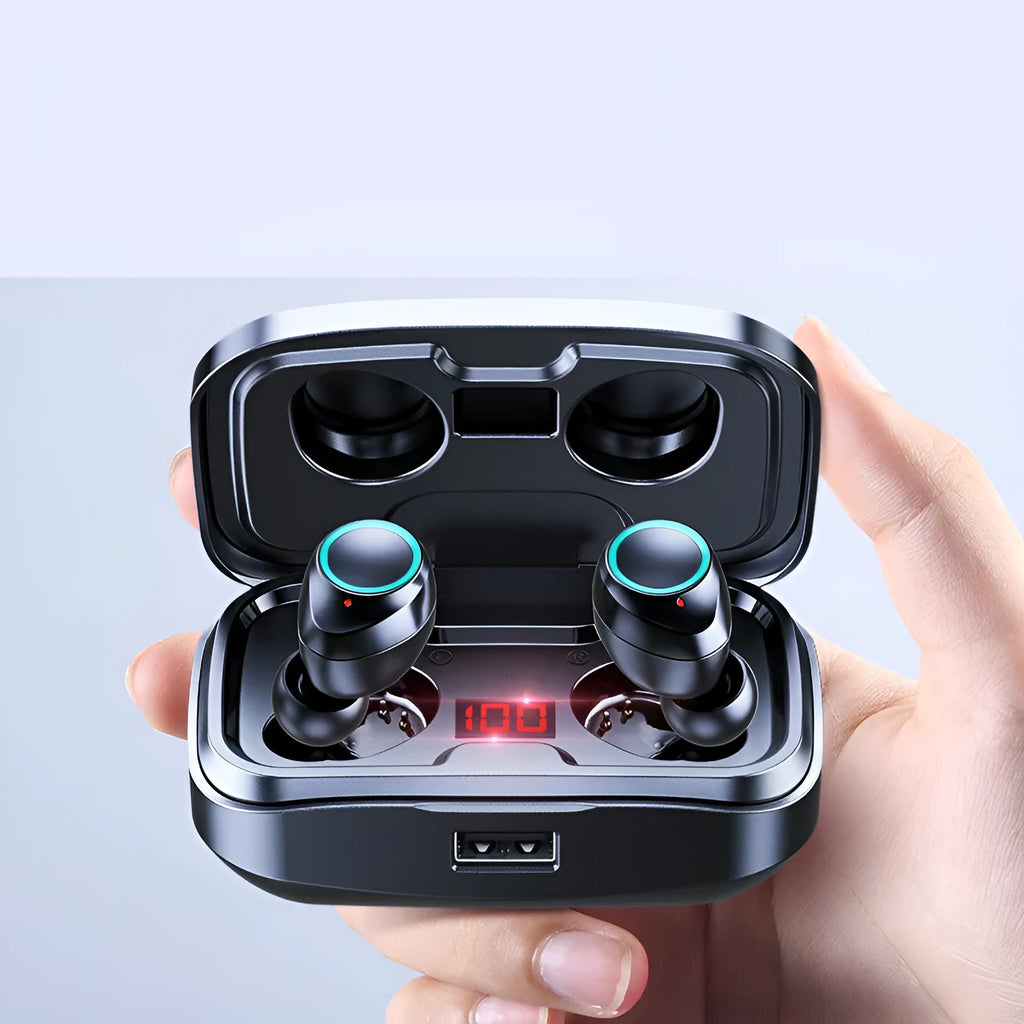 Black wireless in-ear Bluetooth earphones with private mould design