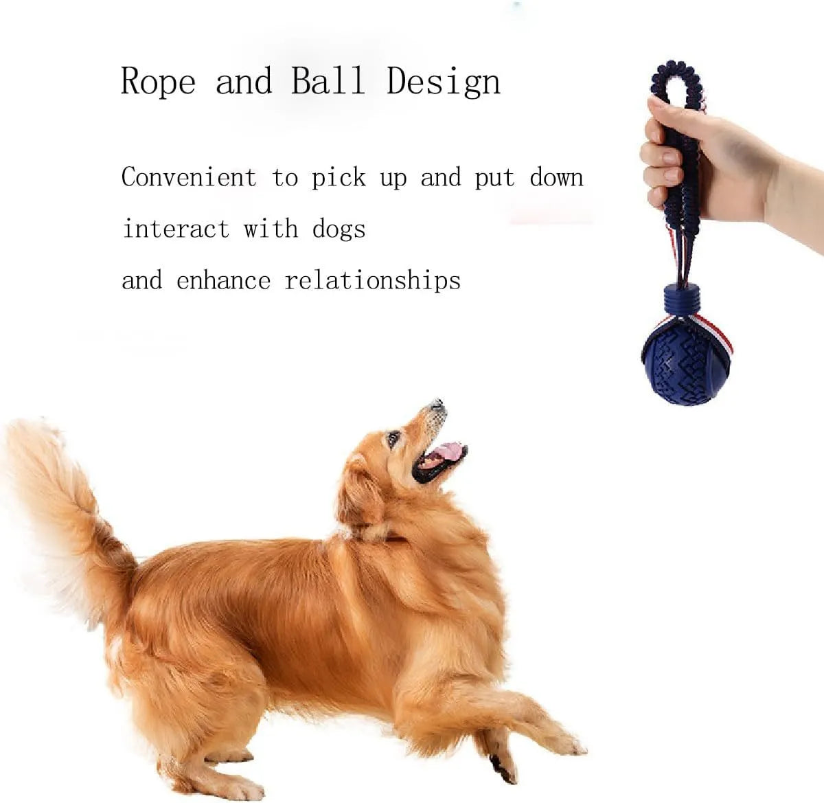 Blue dog toy with a textured rubber ball attached to a cotton rope, shown on grass.