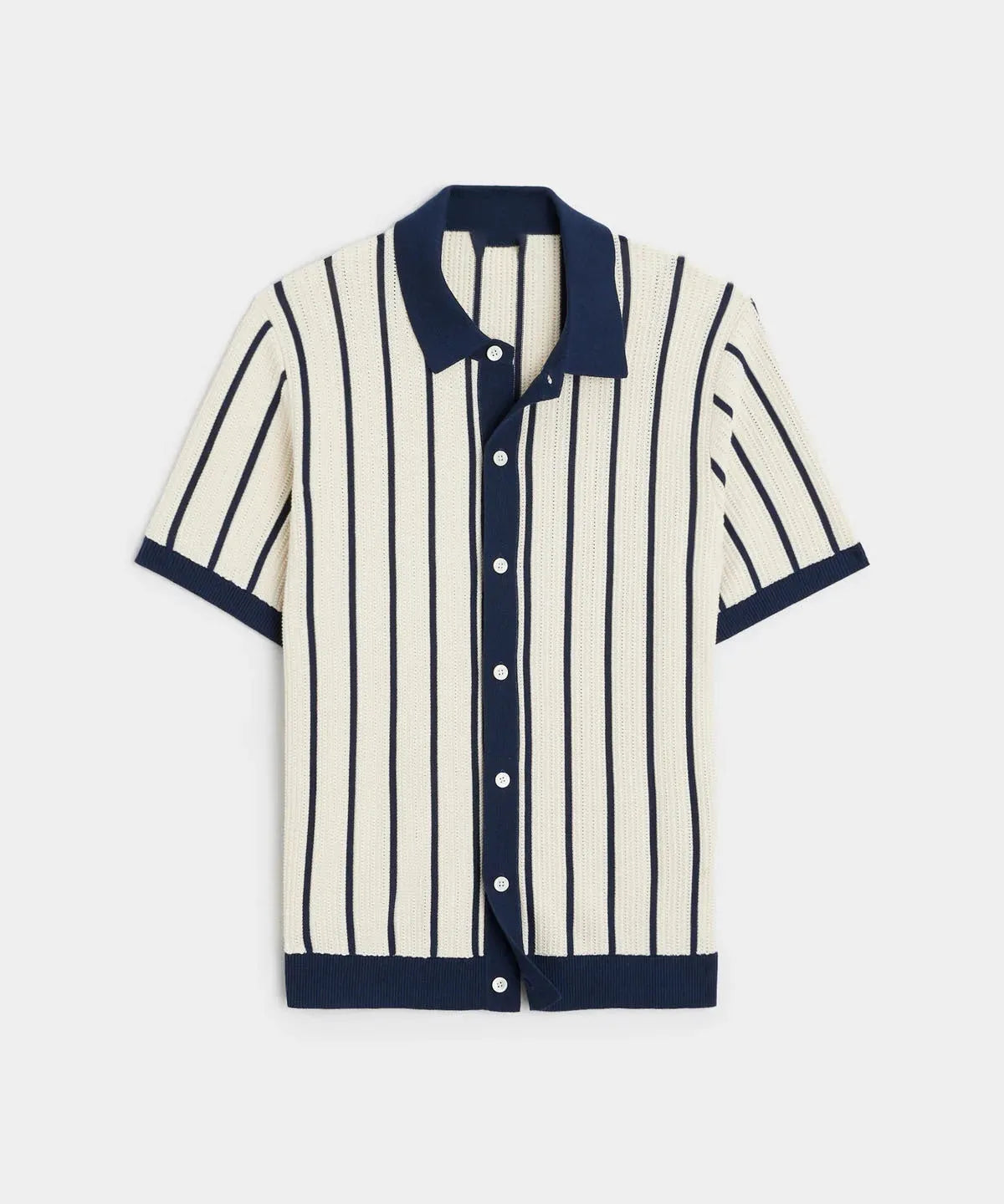 Men's white asymmetric lapel knitted short sleeve top laid flat.