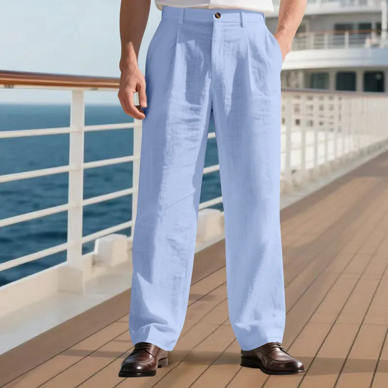 Straight leg linen blend trousers in dark gray on a model, mid-waist, zip placket, loose fit daily wear