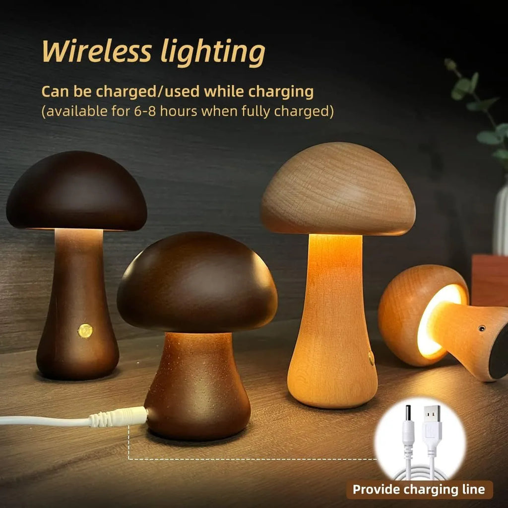 Wooden mushroom LED night light with touch switch in walnut finish on a bedside table