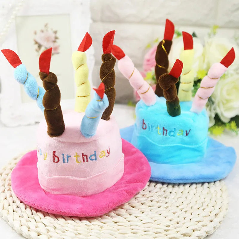Blue and pink dog birthday hat toy with party whistle, measuring 21cm by 15cm by 6.5cm