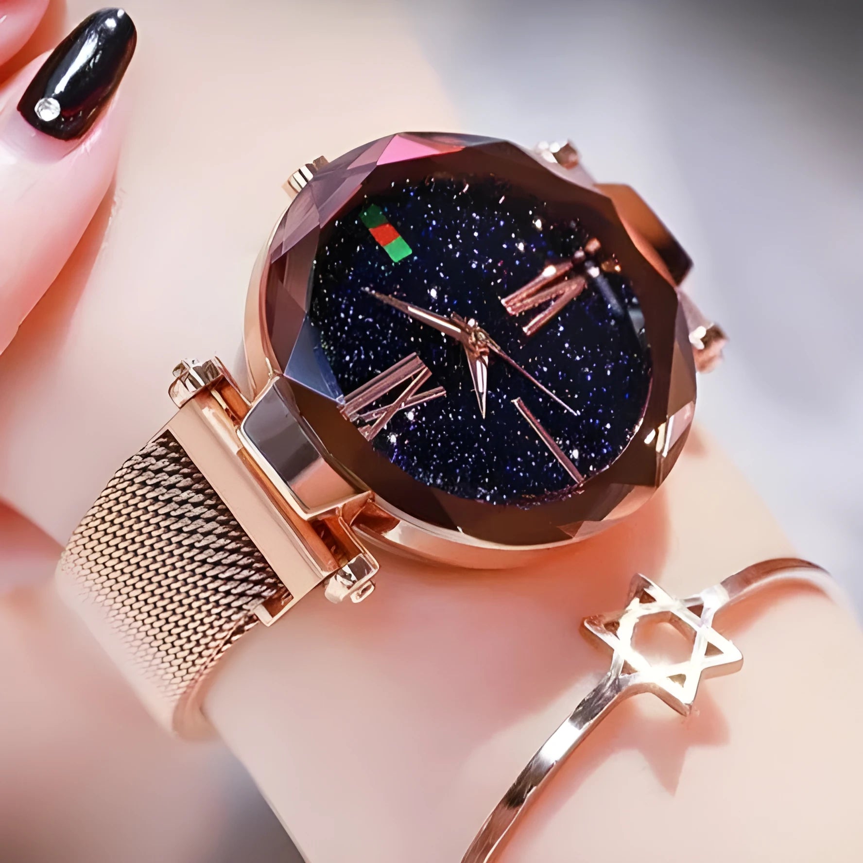 Starry Sky women's watch with magnetic mesh strap, 34mm alloy case, glass surface, diamond dial, available in multiple colours
