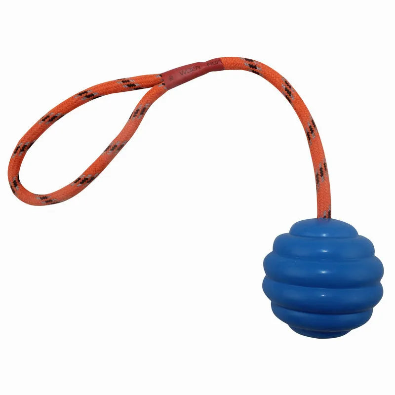 Rubber dog ball with rope knot in blue colour showing textured surface